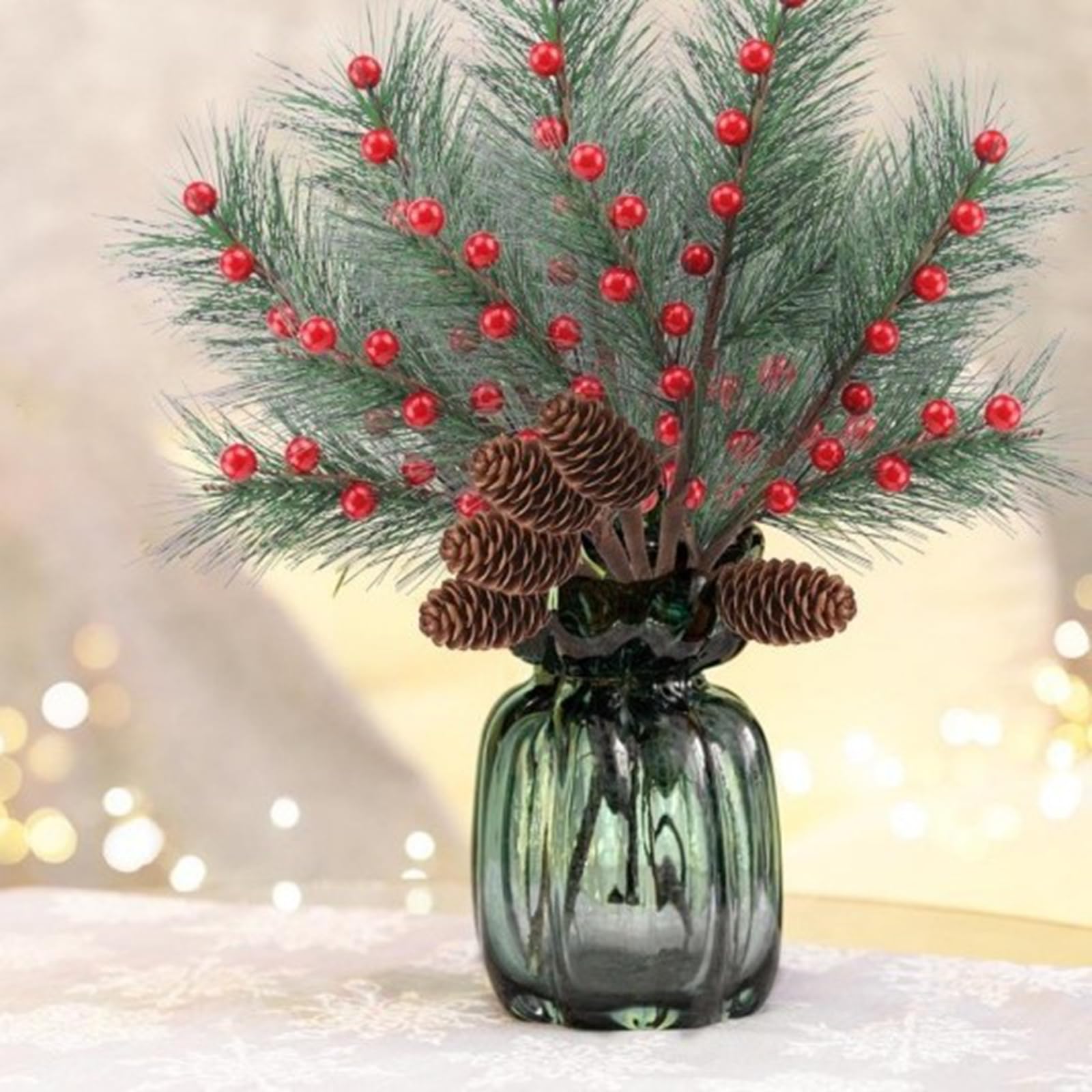 Künstliche Tannenzweige mit roten Beeren & Zapfen,Lange Deko Zweige 40cm,Weihnachtszweige für DIY Kranz,Girlande, Adventskranz,Weihnachtsbaum,Tischdeko,Handwerk Deko (12 Stück)