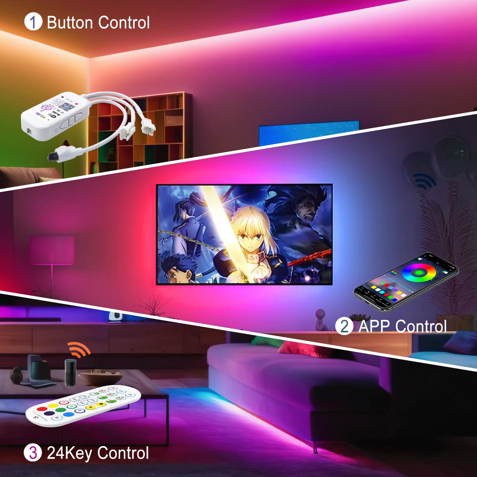 KISUFU 24V WS2811 Tiras LED, 5050 RGB LED Strip Light, 60 Leds/m Flexible IP68 Impermeable Flexible Neón LED Luces con Wifi music 24 teclas ir controlador para Habitación, Sala de Juegos, Fiesta.