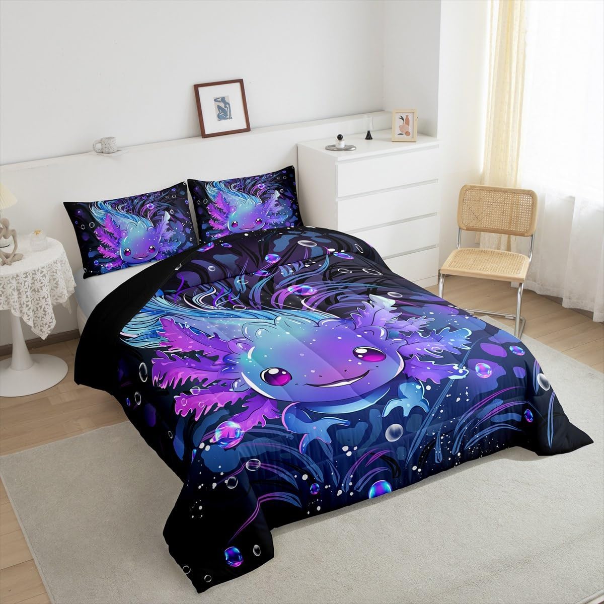 Feelyou Cute Axolotl Bedding Set Boys Girls Twin Size Salamander Comforter Set for Kids Women Men Ultra Soft Reptile Animal Comforter Ocean Sealife Duvet Set Room Decor Quilt Set