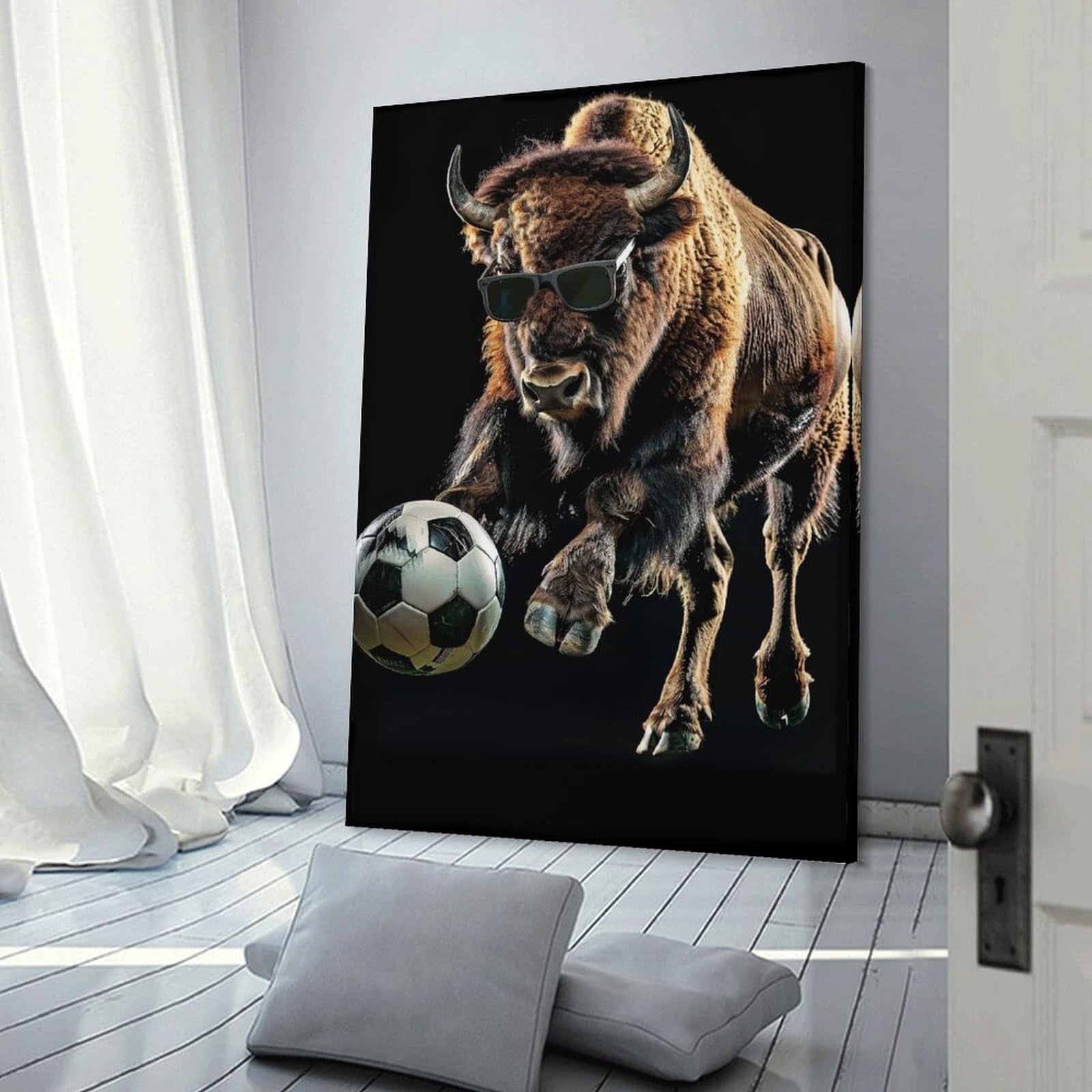 Junmoney Bison with Soccer Ball Decorative Wall Artwork, 20x30inch(50x75cm), for Home Lounge, Bedroom Or Reading Nook, Easy Decor for Gallery Walls
