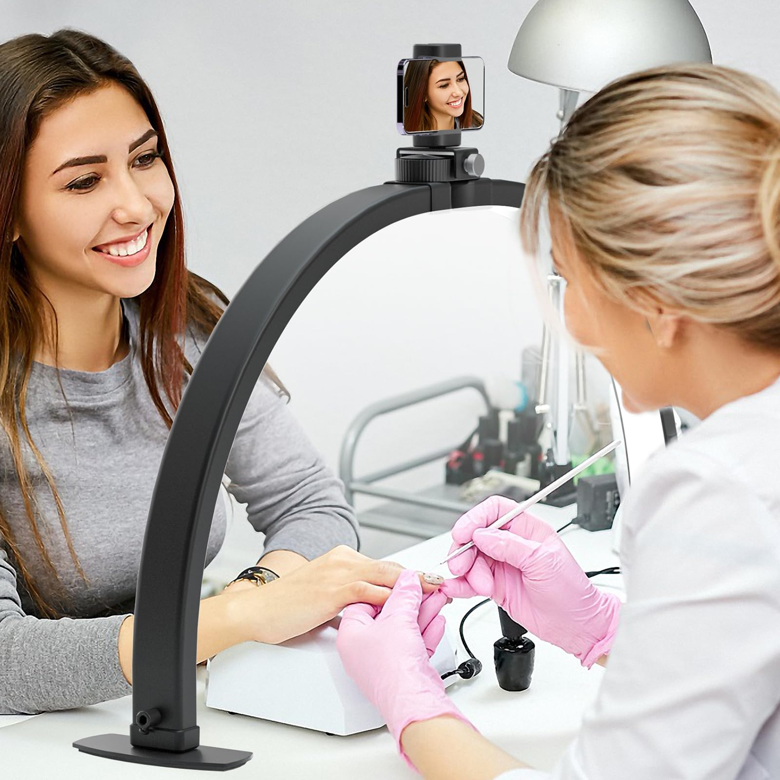 TopDirect Lampara Media Luna, 29" 42W LáMpara De Escritorio De UñAs con Soporte para Teléfono Móvil, LED Professional Nail Light Lash Light, Luz de Pestañas para SPA Facial Manicura (Negro,73cm)