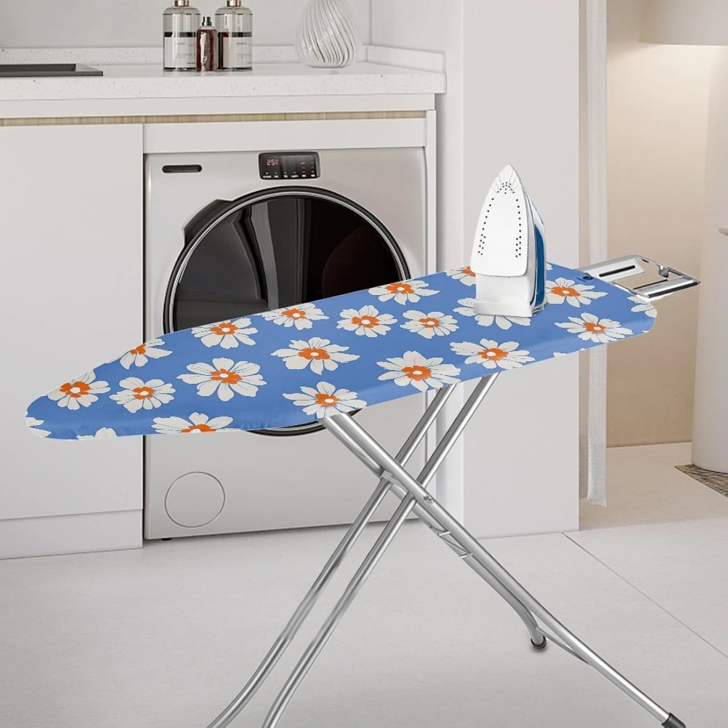 Large Ironing Board Cover and Pad 59x19 Blue White Daisy Iron Table Cover with Padding,Extra Wide,Resist Scorching and Staining,Heatproof,Adjustable Fastener Durable Stain