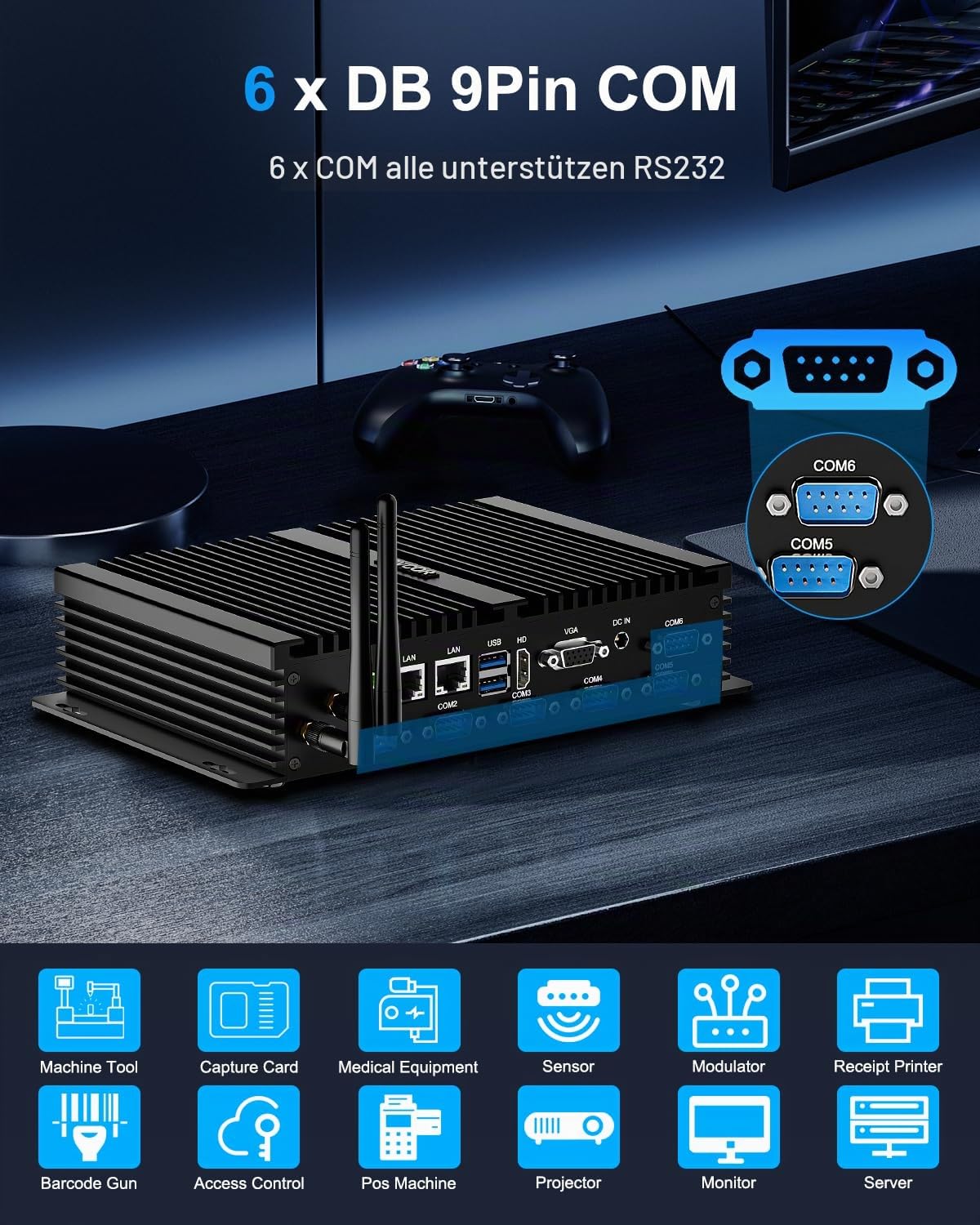 Fanless Mini PC, Industrie Computer with i7-8550U, Lüfterloser PC 8GB RAM 256GB SSD, 2 x 2.5G Gigabit Ethernet, Mini Computer Auto Power on