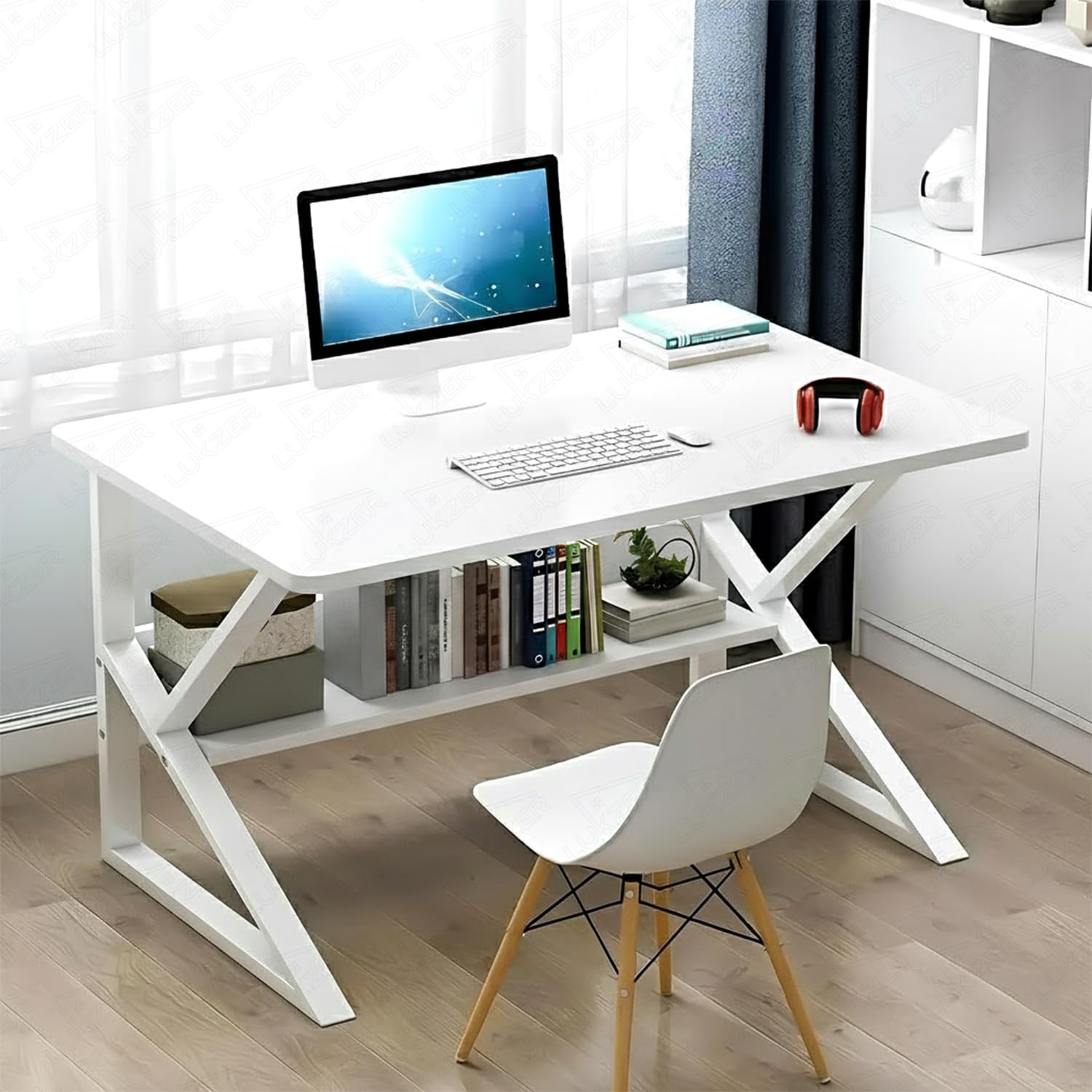 Lukzer Modern Engineered Wood Computer Desk with Built-in Bookshelf, Space-Saving Design, White Top & White Frame, Study Table,100x50x78cm (MST-001)