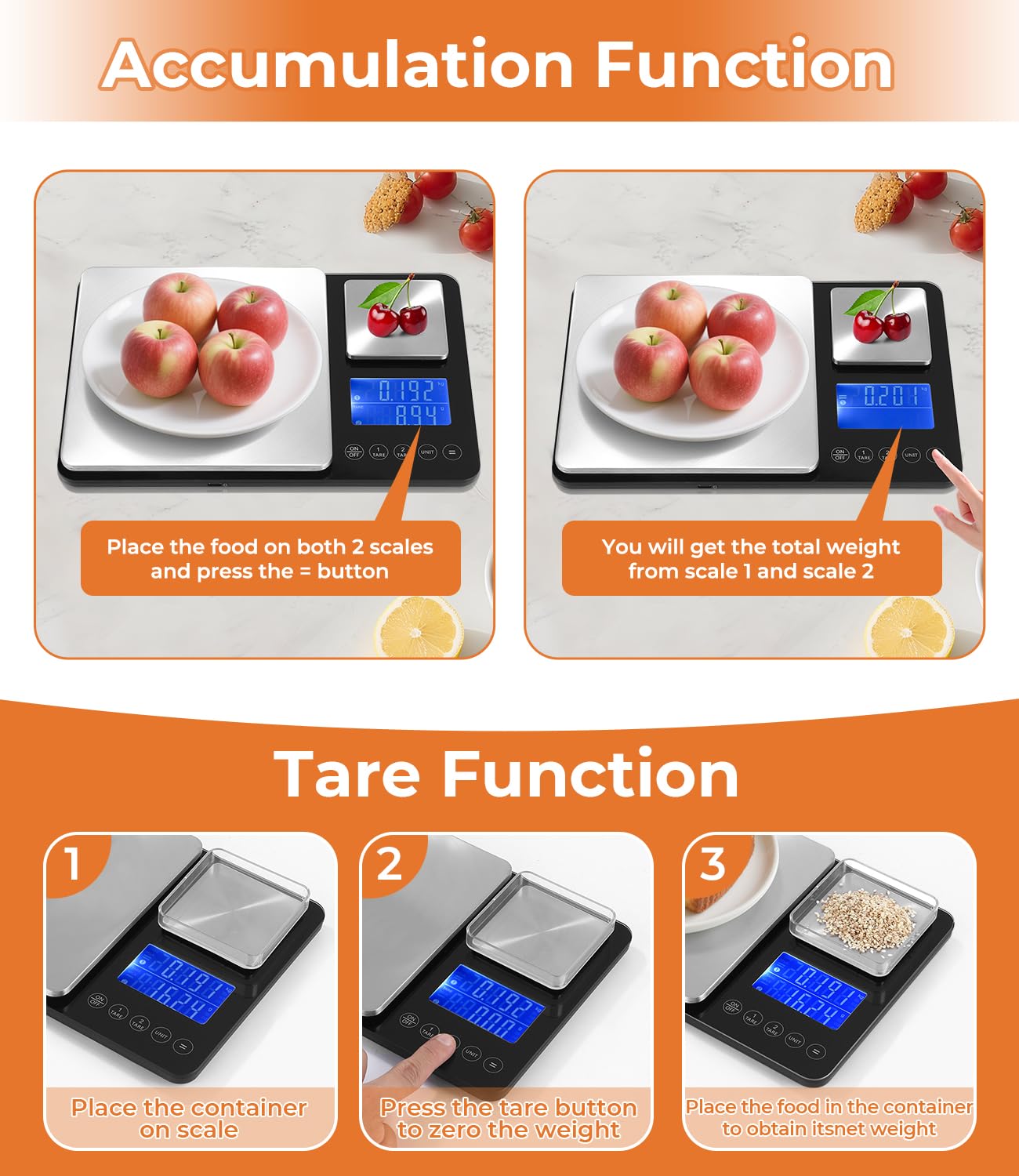 Balance de Cuisine Numérique à Double Plateforme, précision gramme, Rechargeable USB ou Piles, Inox, 7 Unités, Écran LCD – Idéale pour Pâtisserie, Café, Cuisine Maison