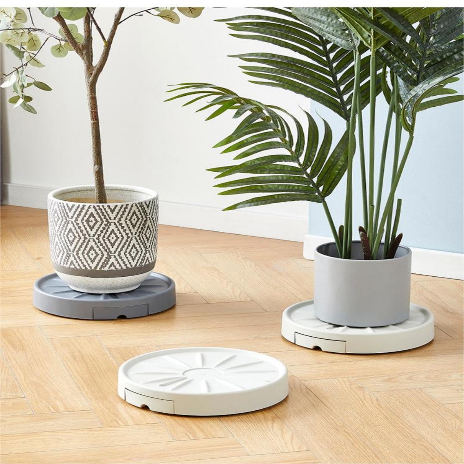 Confezione da 2 contenitori per piante da 28 cm, supporto per piante rotanti, con carrello con 4 ruote invisibili, carrello per fioriera con contenitore per l'acqua, vassoio porta vasi da