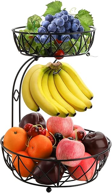 Jucoan 2-Tier Countertop Fruit Basket Bowl with Banana Hanger, Tiered Fruit Basket Stand, Fruit and Vegetable Metal basket for Kitchen, Dining Table, Black