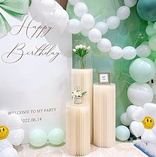 AHUAWA 3Pcs Foldable Cylinder Pedestal Stands - 12" Round Cardboard Columns for Party Wedding Baby Shower Cake Display (15.7"-31.5" Heights)