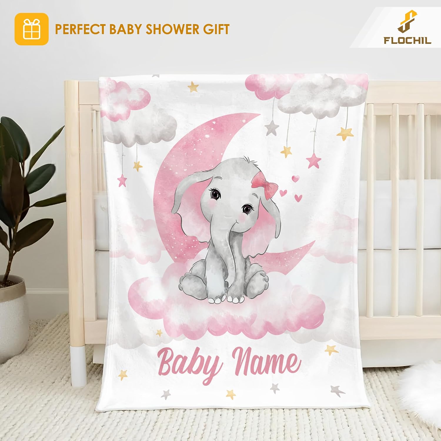 FLOCHIL Personalized Baby Blanket for Girls, Custom Baby Blanket with Name, Customized Elephant Baby Blanket, Gift for Baby Shower, Toddler, Babies, Newborn