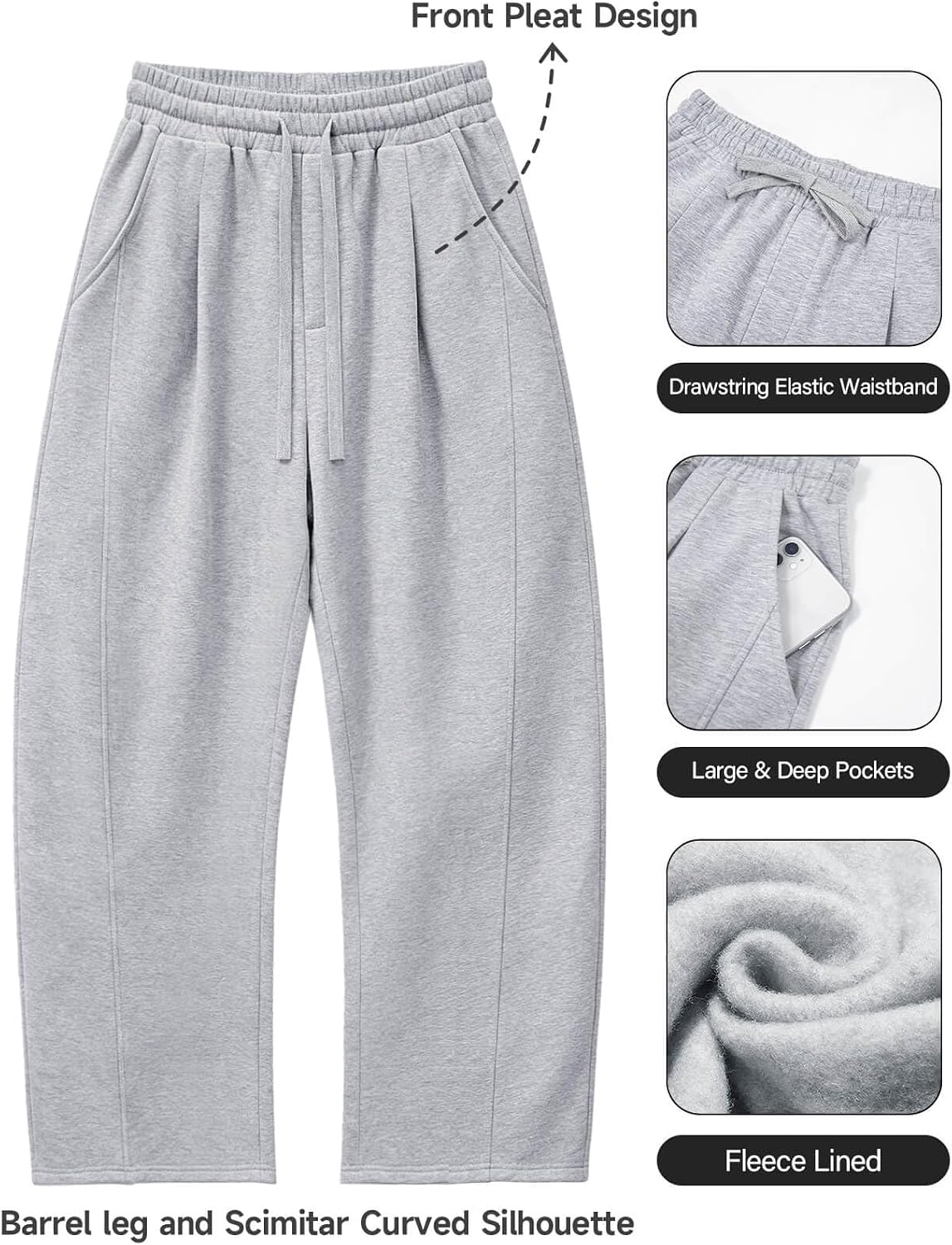 HeSaYep Men's Baggy Sweatpants Fleece Wide Leg Barrel Cotton Sweat Pants