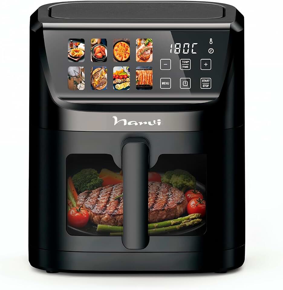 Narvi Freidora de Aire 5L 1500W con Ventana Visible – Air Fryer Digital Táctil, 8 Menús Automáticos, Cocción 360°, 80–200°C, Air fryer 5l Sin BPA ni PFOA, Apta Lavavajillas