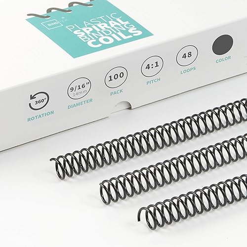 Binditek Paquete de 100 bobinas de encuadernación en espiral de plástico, espirales de encuadernación de 0.551 in (916 pulgadas), capacidad de 115