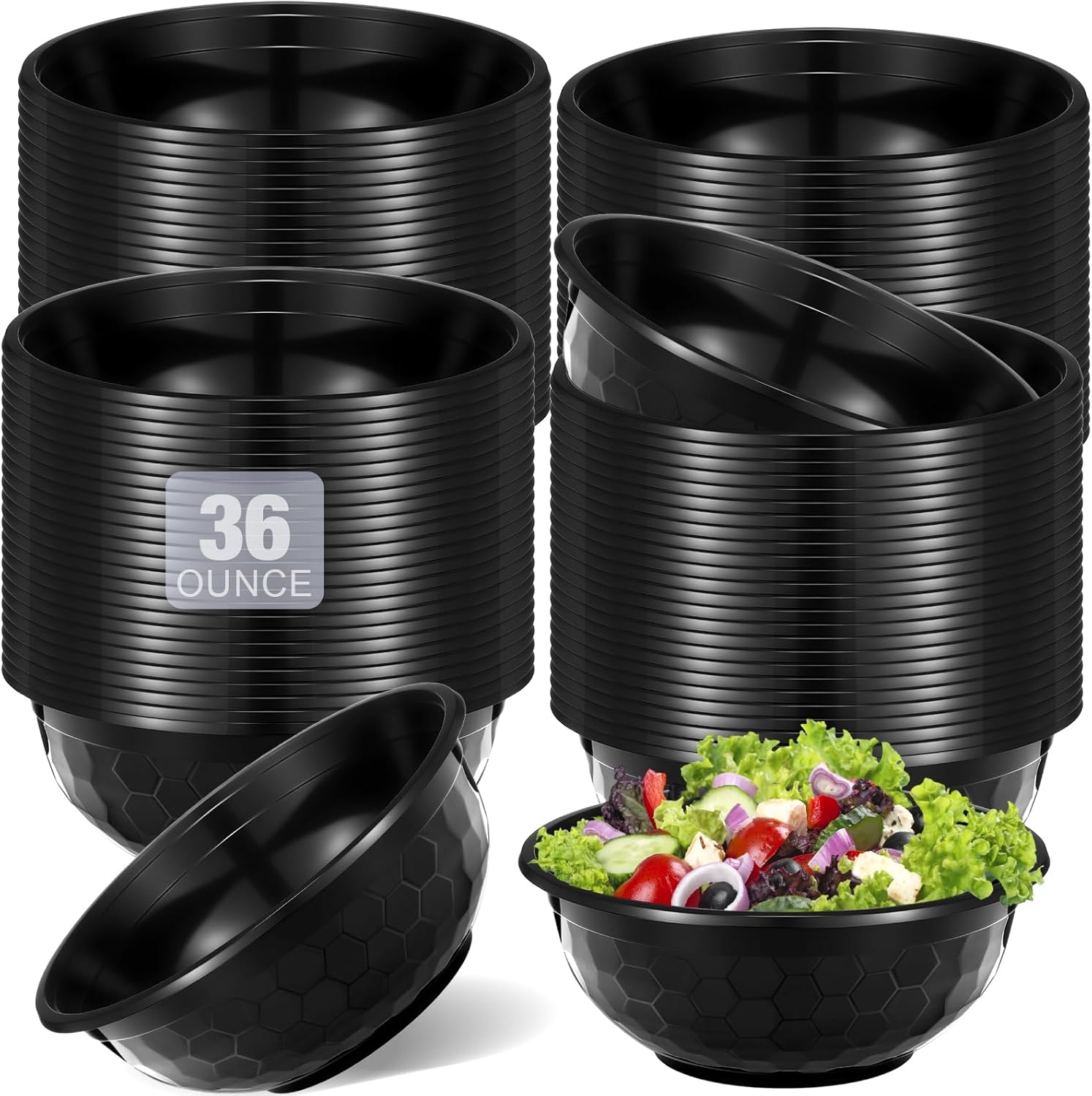 100 Pcs Black Disposable Plastic Bowls Soccer 36 oz Texture Plastic Salad Bowls Large Stackable Serving Soup Microwave Safe Dinnerware for Birthdays Weddings Festivals Party