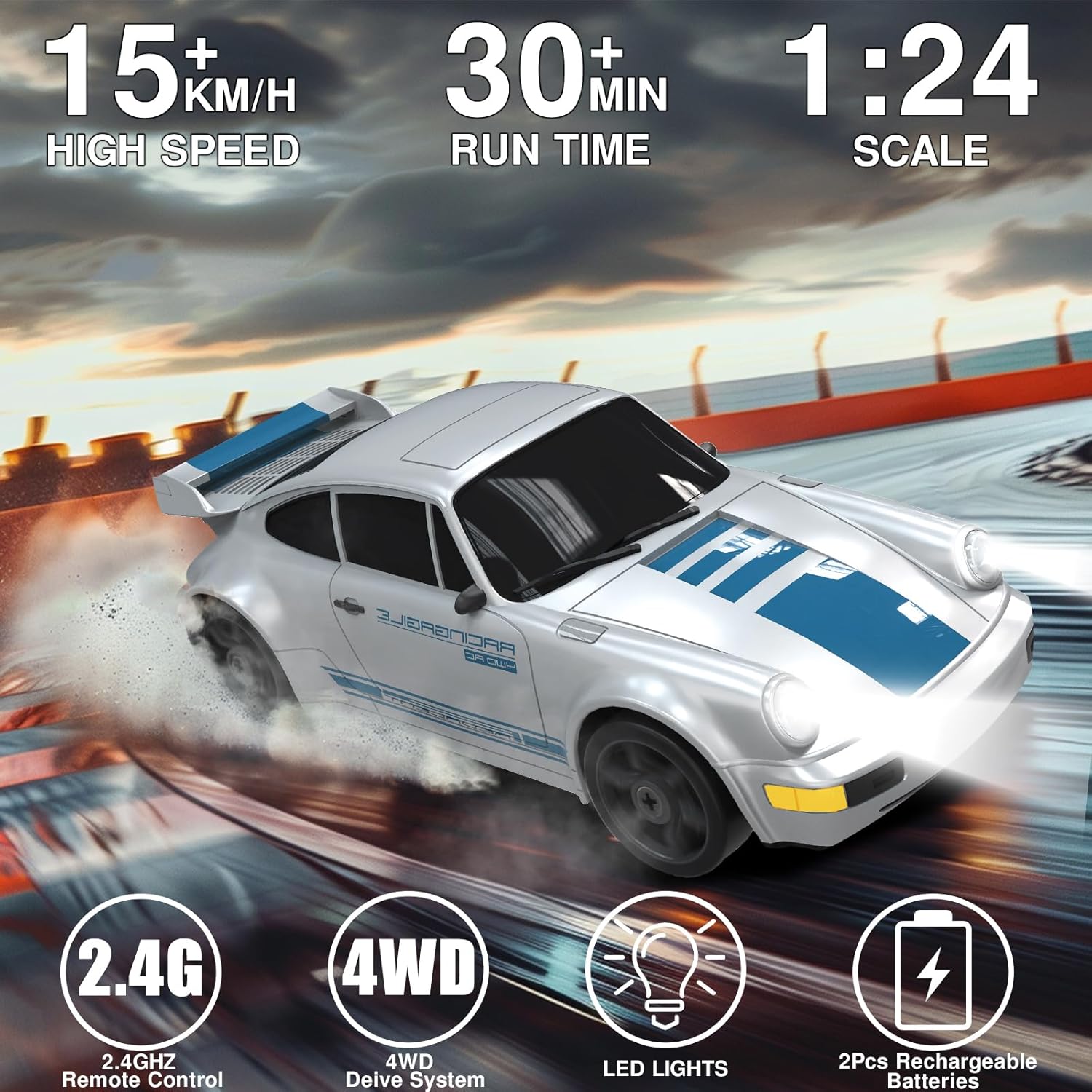 2PCS Remote Control Car RC Drift Car 2.4GHz 1:24 4WD 15KM/H High Speed Racing Sport Car with LED Lights Drifting Tire Racing Sport Toy for Adults Boys Girls Kids Gift 2Pcs Rechargeable Batteries