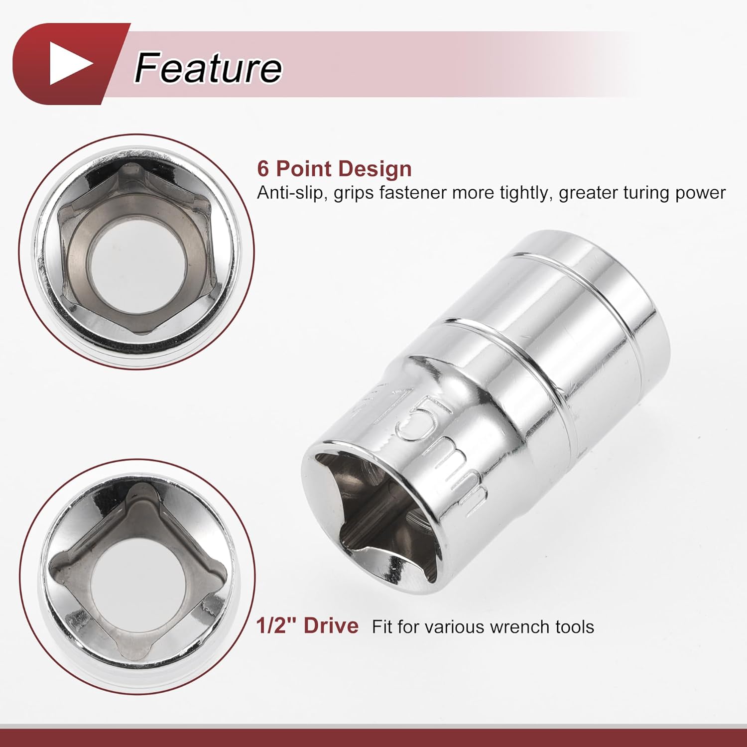 1pcs Impact Socket Durable Hardware Tool 38mm Silver Tone Chrome Vanadium Steel 6 Point 15mm for Car Motorcycle Dirtbike Repair Shallow 1/2 Inch Drive