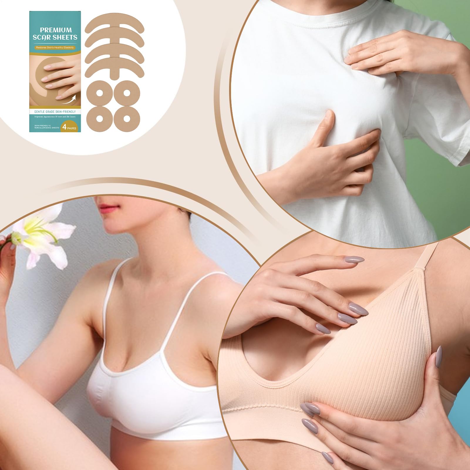 Cerotti In Silicone Per Cicatrici Al Seno - 4 Pezzi Assorbimento Cicatrici | Silicone Traspirante Morbido Riutilizzabile Supporto Recupero Per Donne Adulti