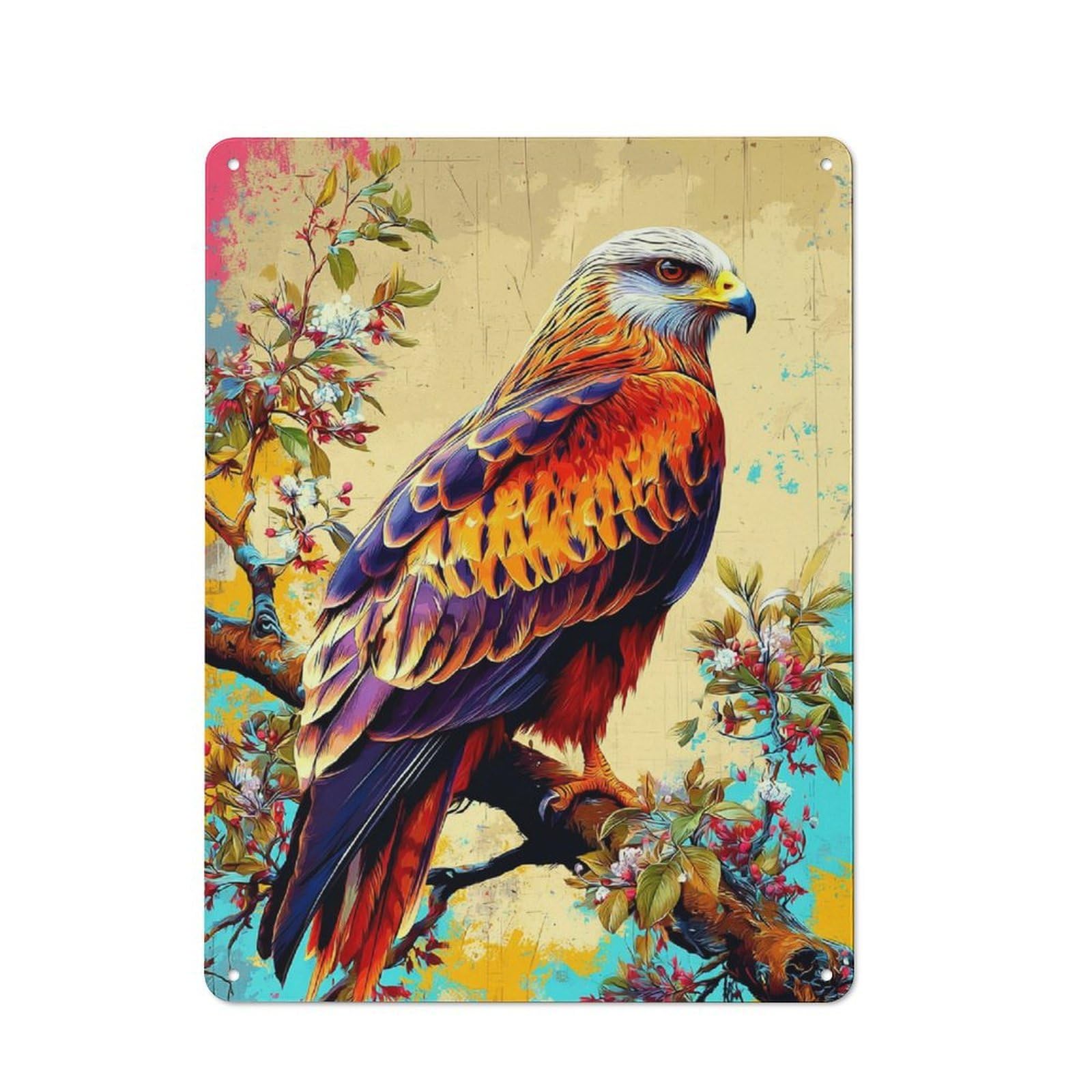Colorful Eagle in Blossom Tree Smart Metal Wall Decor 40x30cm, Office Metal Sign for Office, Study, Studio Or Hallway