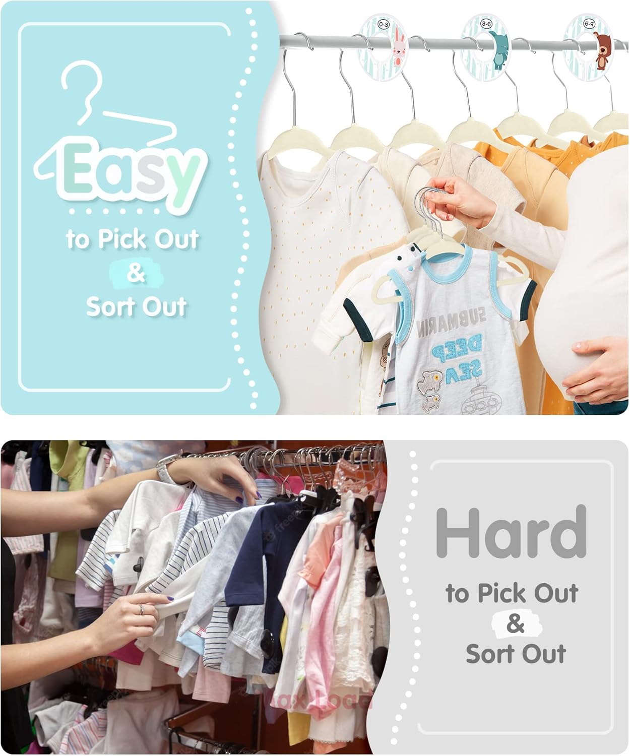 VIS'V Baby Hangers, 11 Inch Velvet Kids Hangers with 6 Pcs Clothes Size Dividers, Infant Toddler Nursery Closet Organization, Non Slip, Beige, 30 Pcs - Image 6