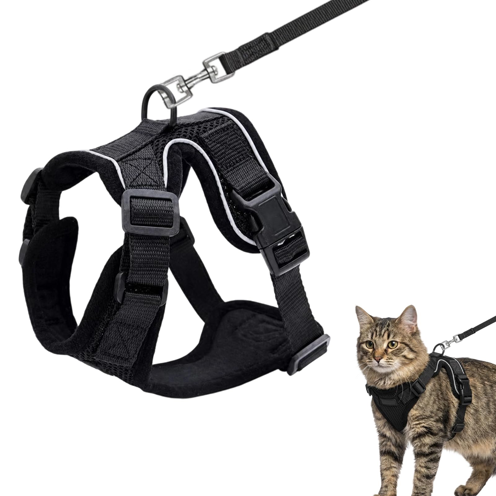 Cat Harness and Leash Set, Escape Proof Adjustable Vest for Walking, Fit 11-18 lbs (5-8kg) Large Cats & Small Dogs, Breathable Chest Strap with Traction Rope, Black Size S