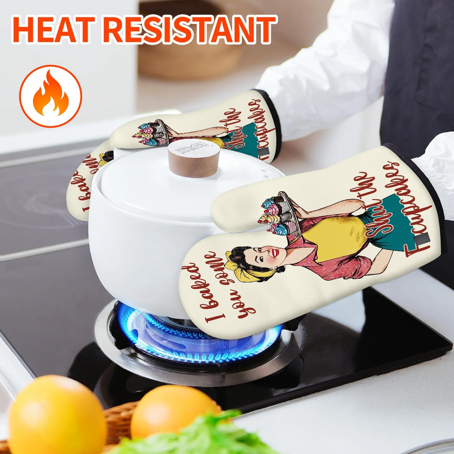 Funny Oven Mitts for Women Yellow Kitchen Accessories and Decor Oven Mitt Sets Retro Humor House Warming Cooking Baking Gifts for Mom Wife Sister (Beige, Oven Mitts & Pot Holders) - Image 2