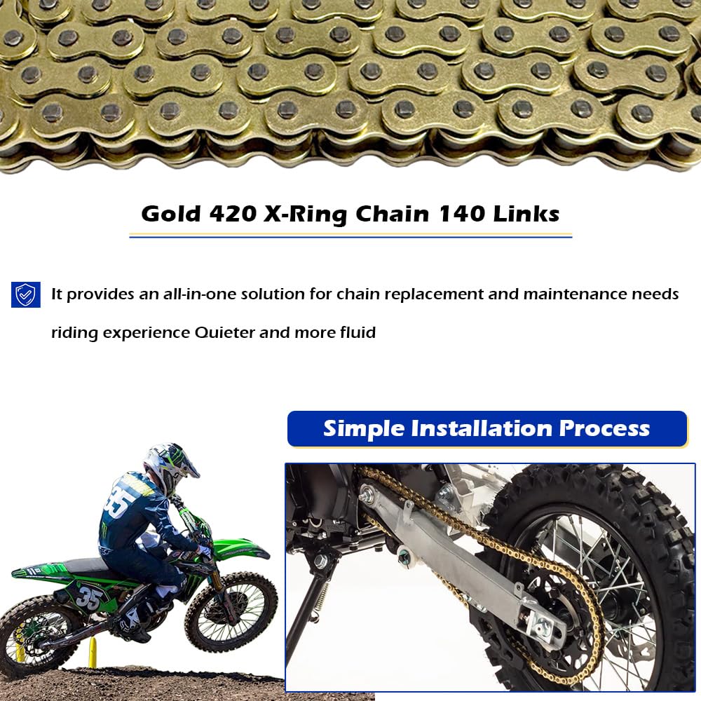 420 Chain 140 Links with Connecting Master Link X-Ring Gold for 50 70 90 110 125cc SSR TaoTao Apollo Baja 212cc Go Kart Scooter Mini Bike Powersports Parts ATV 4 Wheeler Quad Pit Dirt Bike