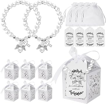 100 Pcs Party Favors Set - 24 Mini Rosary Bracelets, 24 Favor Boxes,26 Thank You Tags, and 26 Organza Bags - Perfect Return Gifts for Shower & Supplies