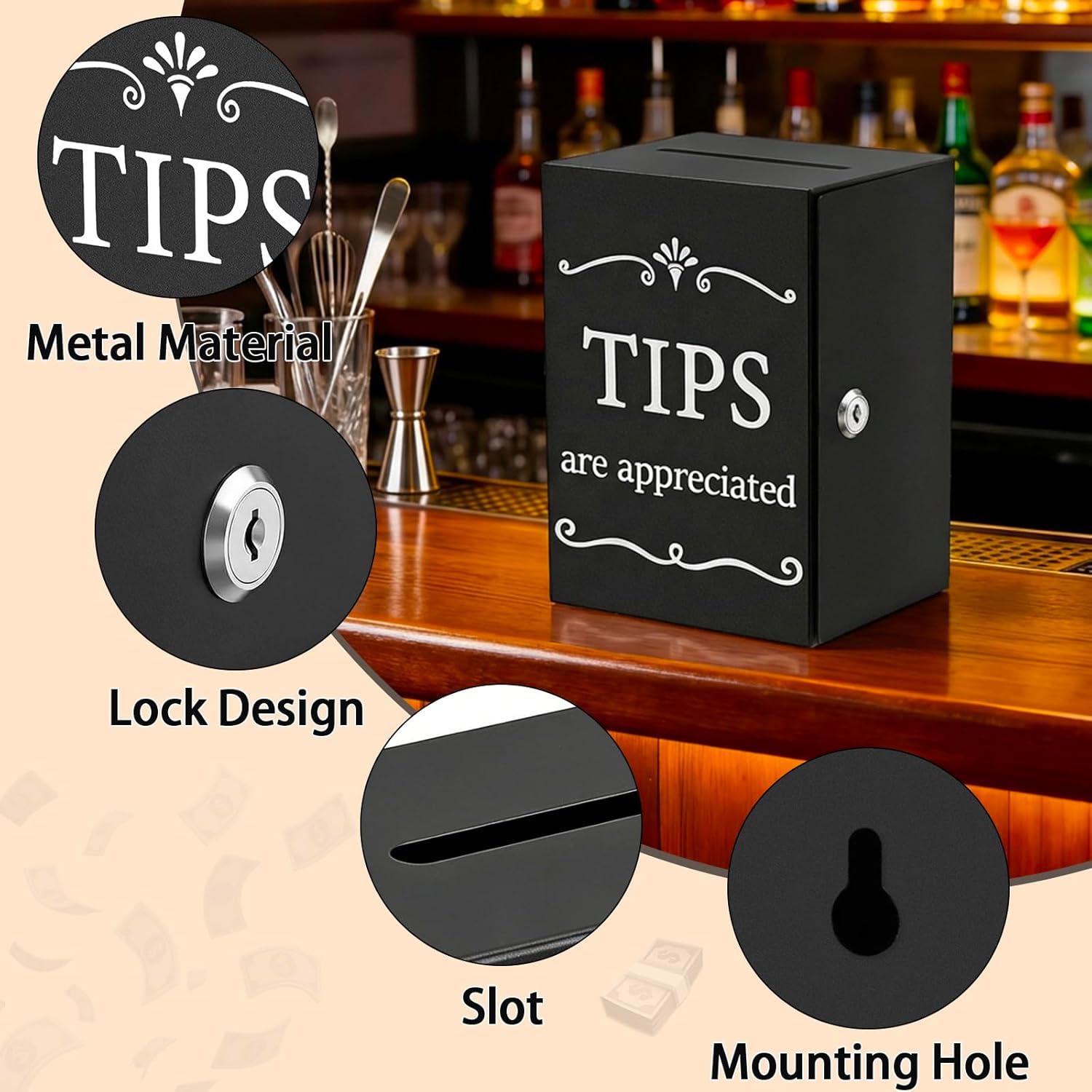 Metal Tip Jar with Slot and Lock, Safe Tip Box for Money, Black Donation Box Suggestion Boxes,Cash Money Storage Container for Bartender Musicians Waiter Barista(Large)