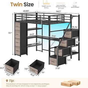 DICTAC Loft Bed Twin Size with Storage Stairs,Desk & Power Strips,Metal Twin Loft Bed with LED Lights,8 Storage Drawers & Open Shelves,Loft Beds for Kids,Teens,Adults with Safety Guardrail,Black+Grey