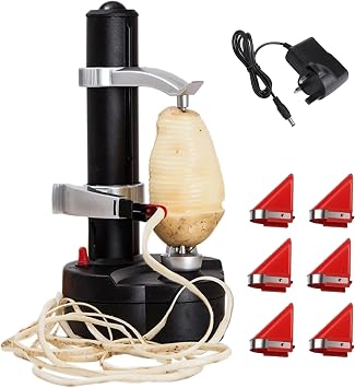 Automatic Electric Potato Peeler, Rotating Apple Peeler, and Fruit/Vegetable Cutter with 6 Replaceable Blades, Powered by 4 AA Batteries Not Included or 6V Adapter Charger Included