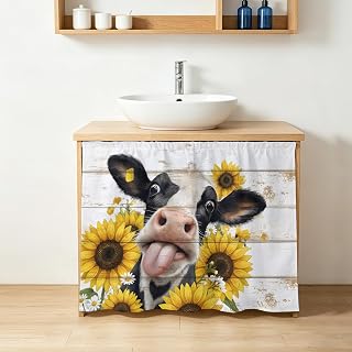 Cow Animal Cabinet Curtains for Shelves, Yellow Sunflower White Wood Striped Farmhouse Rustic Summer 10" W x 11" L Adhesive Cabinet Curtain with Shelf Curtain for Storage Cubes
