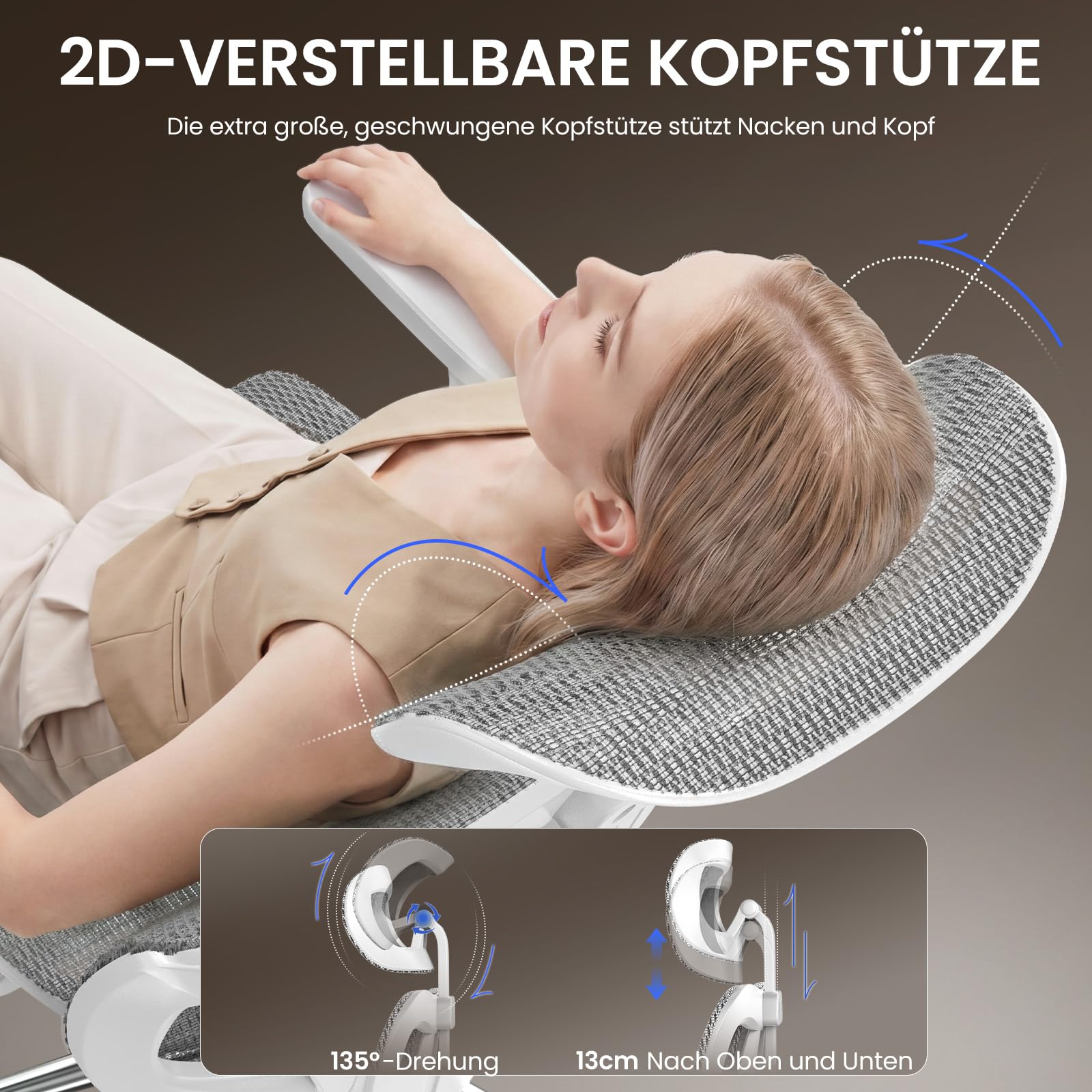 naspaluro Ergonomischer Bürostuhl, Schreibtischsessel mit Kopfstütze, 3-stufig Verstellbarer Rückenlehne, Stabiler Drehstuhl bis 150kg belastbar, Computerstuhl für Büro und Homeoffice, Weißgrau