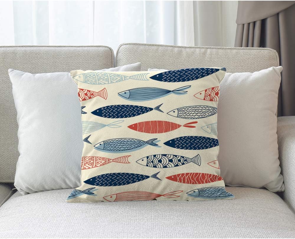 Moslion Fish Pillows Decorative Throw Pillow Cover Fish in The Ocean Pillow Case 18x18 Inch Cotton Linen Square Cushion Cover for Sofa Bed Blue Red - Image 7