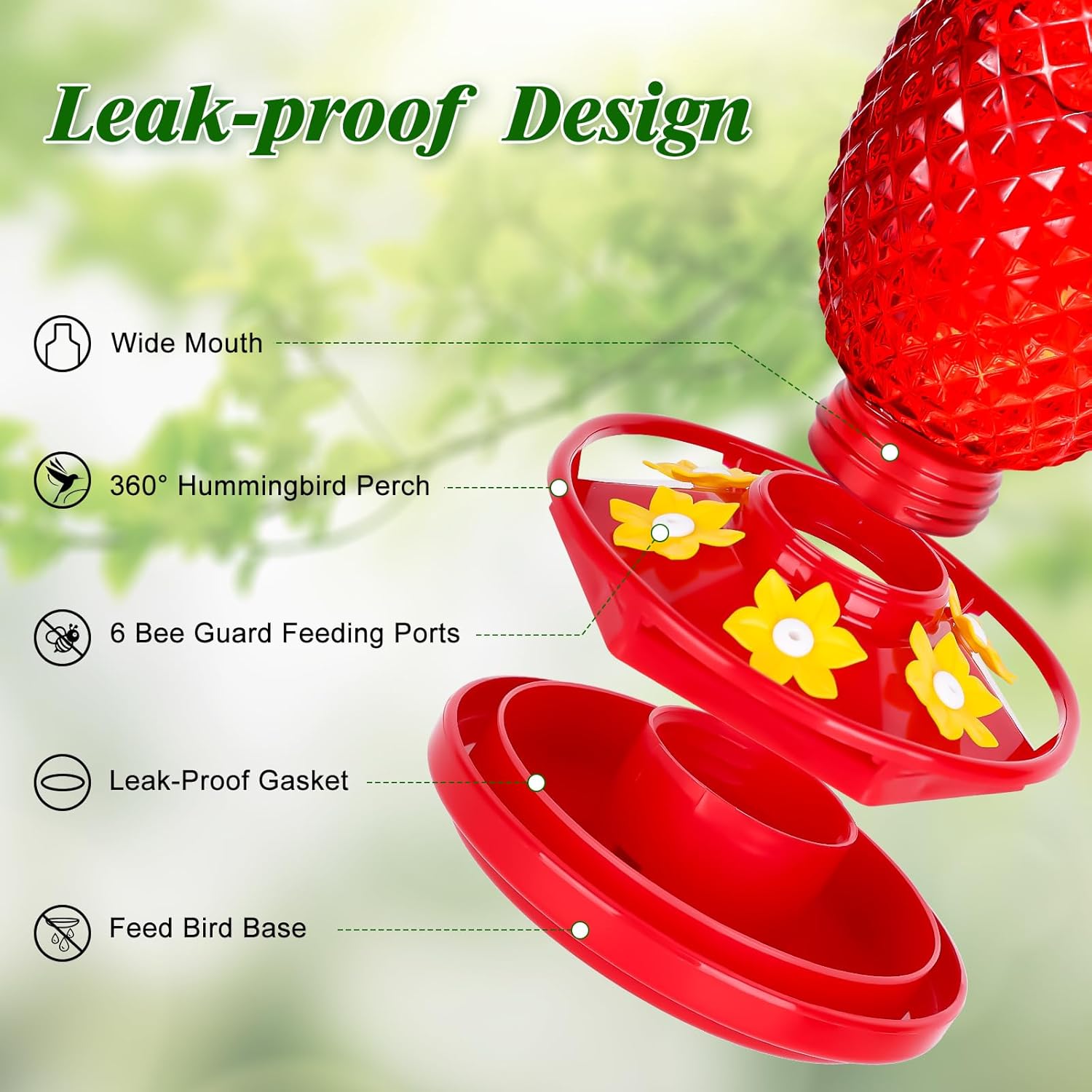 Glass Hummingbird Feeders for Outdoors Hanging Ant and Bee Proof 16OZ 2 Pack Red Pineapple Humming Bird Feeder with 6 Feeding Ports and Ant Moat Hummingbird Gifts for Women Garden Decor - Image 2