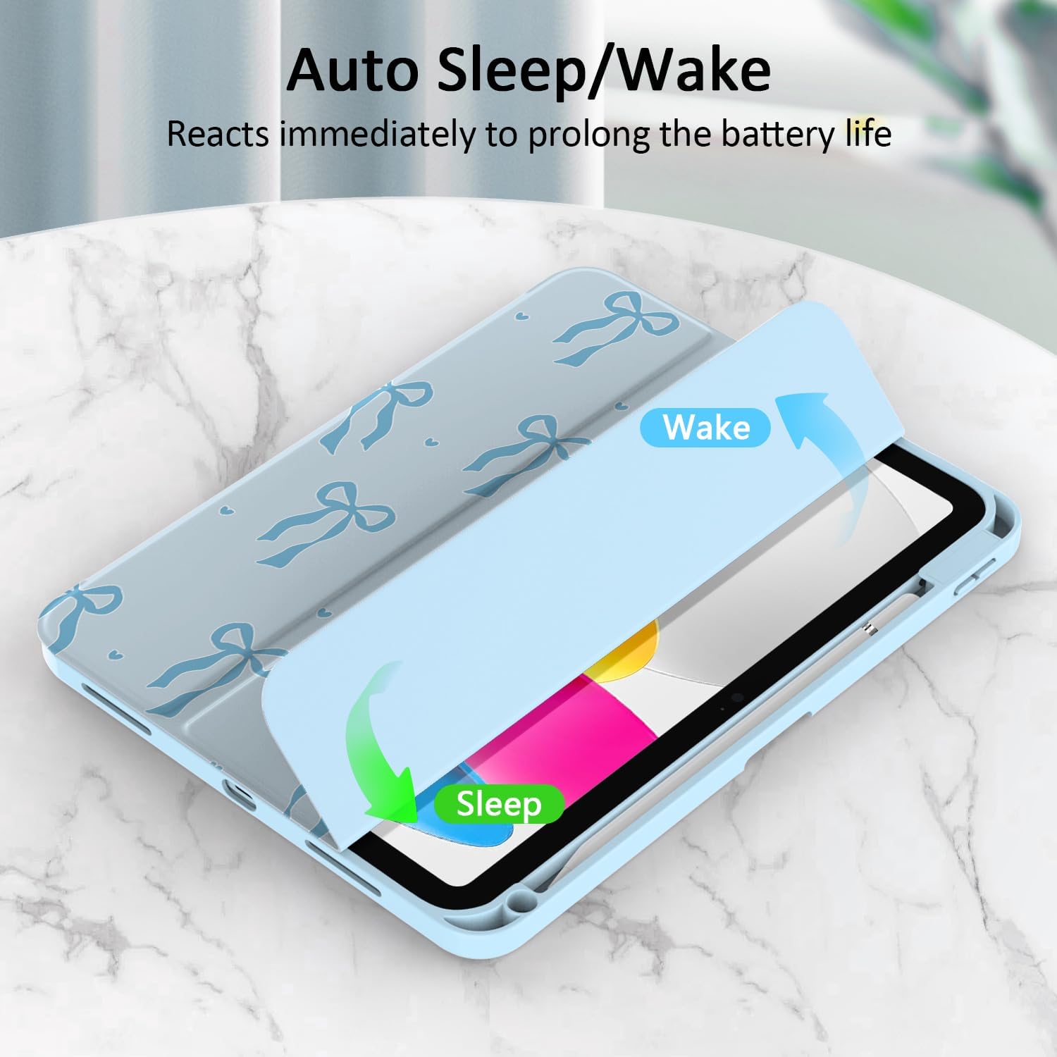 Case for iPad 11-inch (A16) 2025 / iPad 10th Generation 2022(10.9 inch), Tri-Fold Smart Folio Auto Wake/Sleep with Clear Back/Pencil Holder for iPad 11th/10 Gen (Bow Blue)