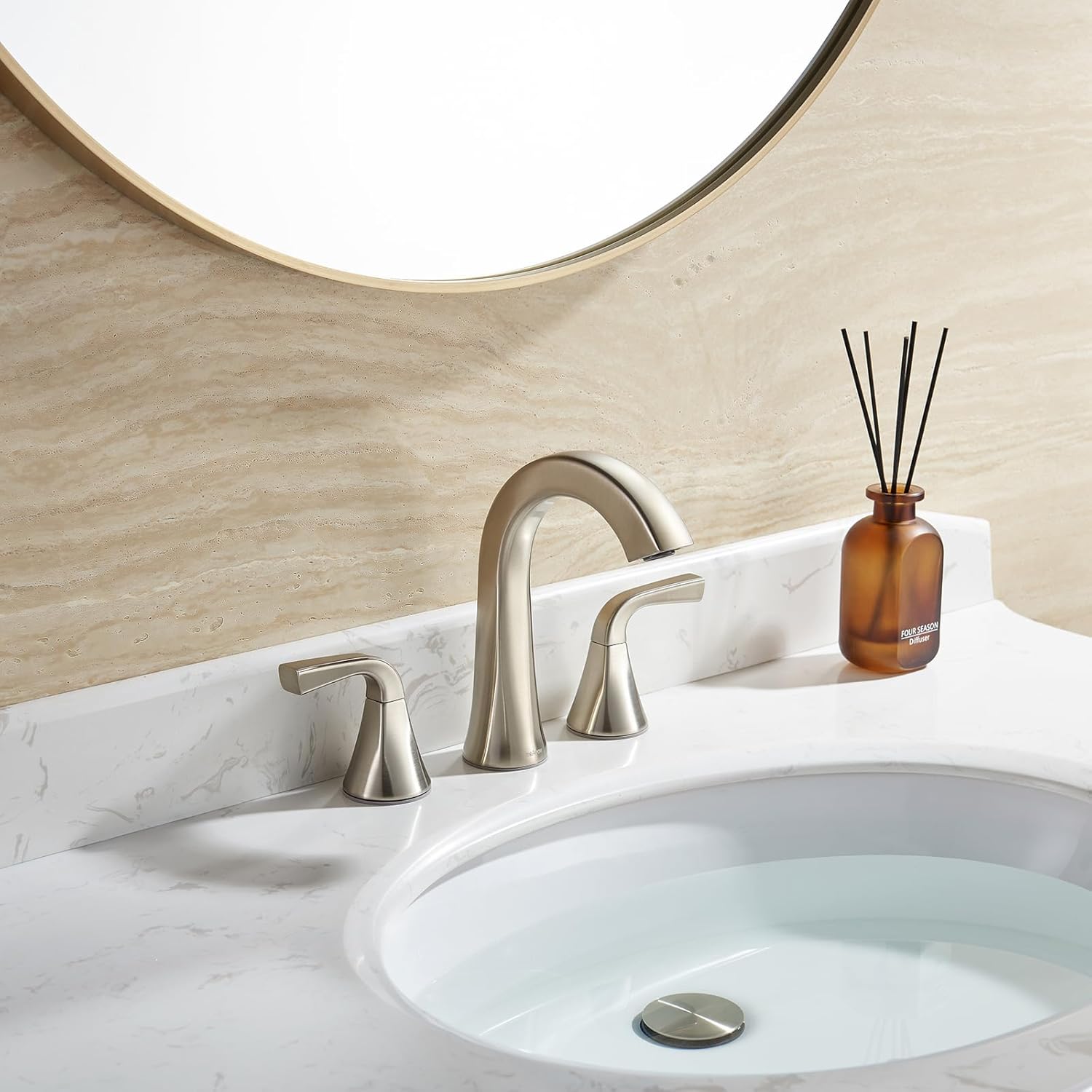 TimeArrow Bathroom Faucet with Pop-up Drain and Supply Lines, Brushed Nickel Widespread Bathroom Sink Faucet for Lavatory Vanity RV Farmhouse, TAF826-BN