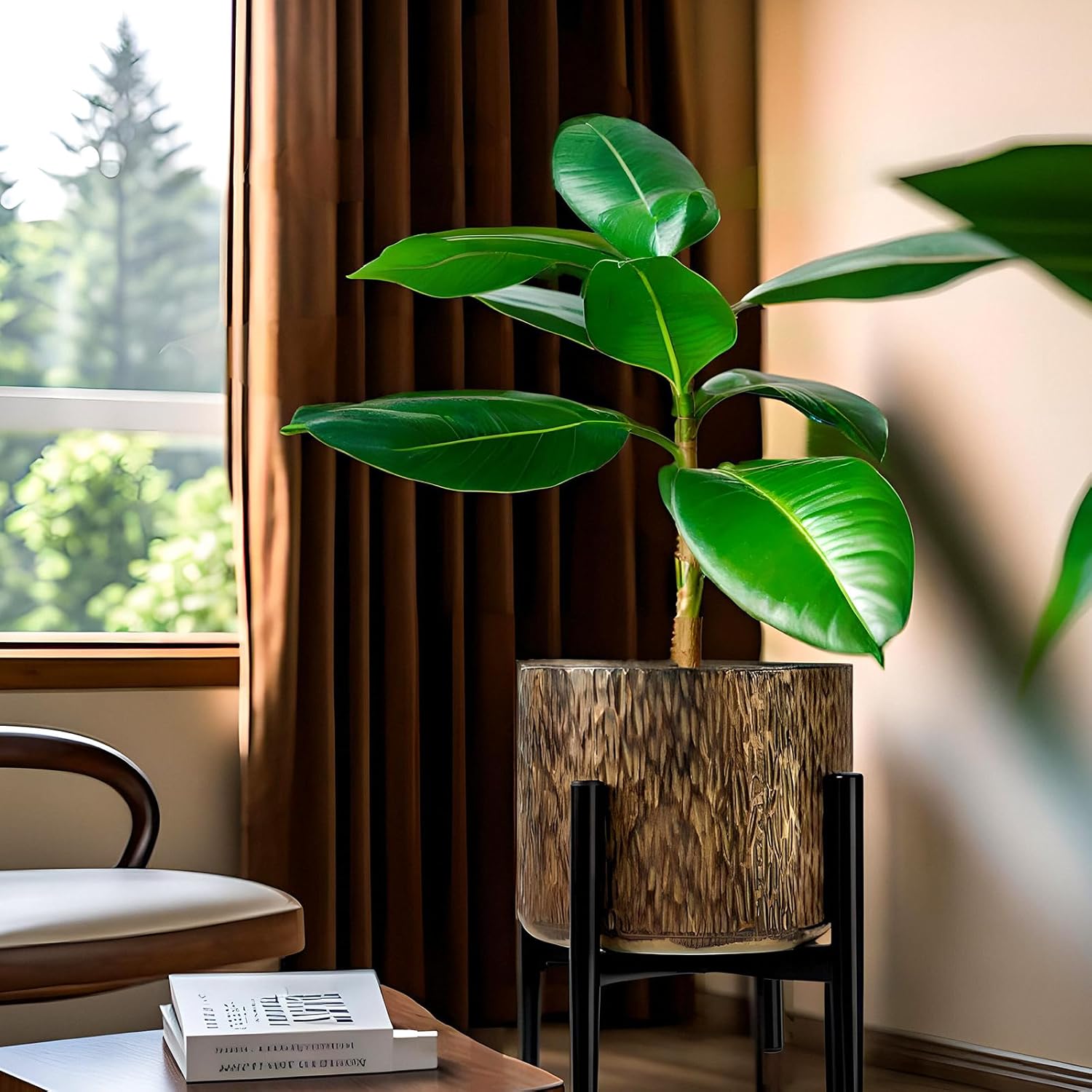 Harvest Land Plant Pots with Stand, Set of 2 Large Modern Planters Metal Tall Handmade Flower Pots with Drainage Holes Indoor Outdoor,Bronze