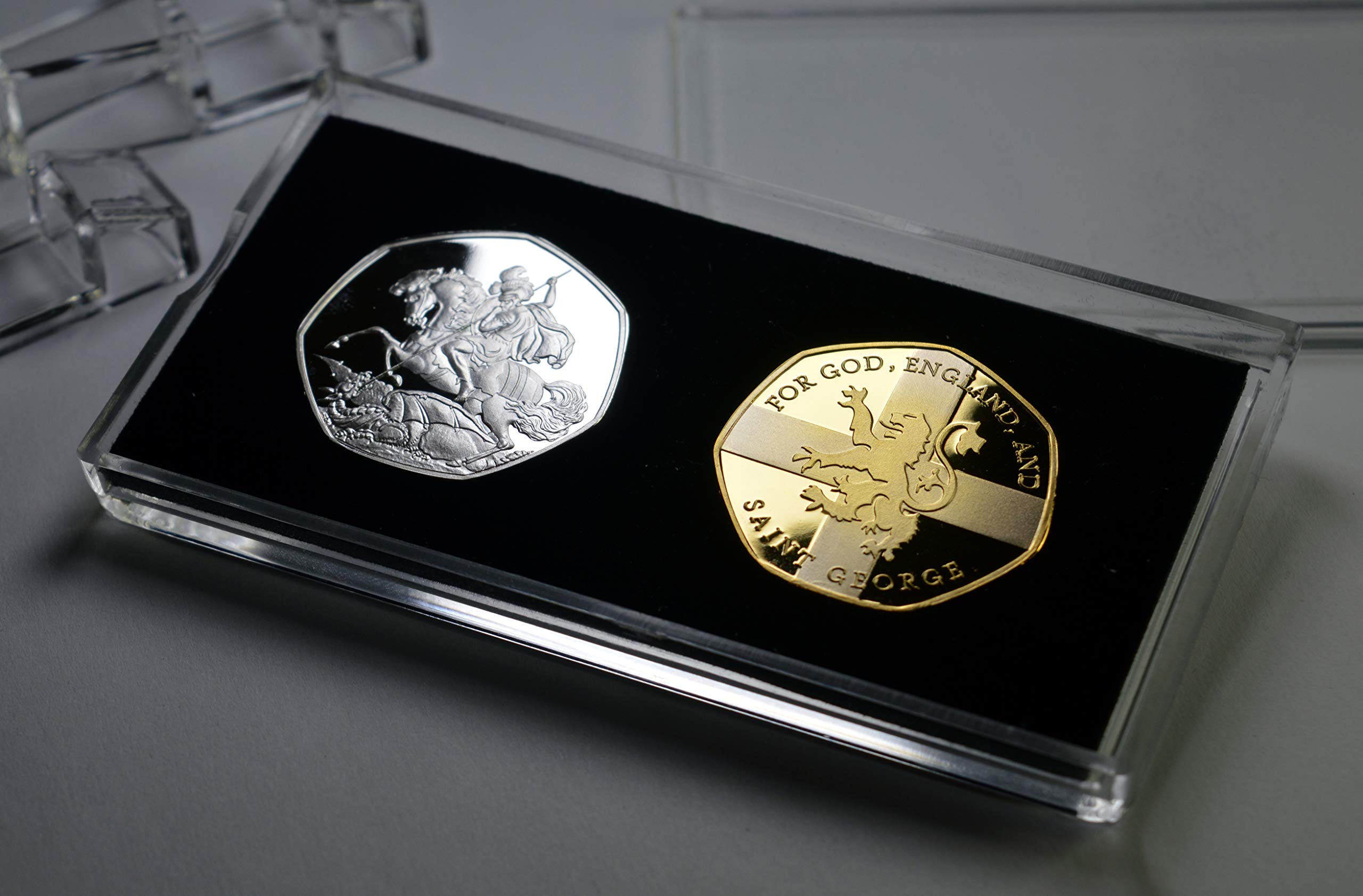 The Commemorative Coin Company Silver, Gold Pair Of St George & The Dragon Silver & 24Ct Gold Commemoratives In 50P Coin Display Case. England, Patron Saint. For God, England, And Saint George