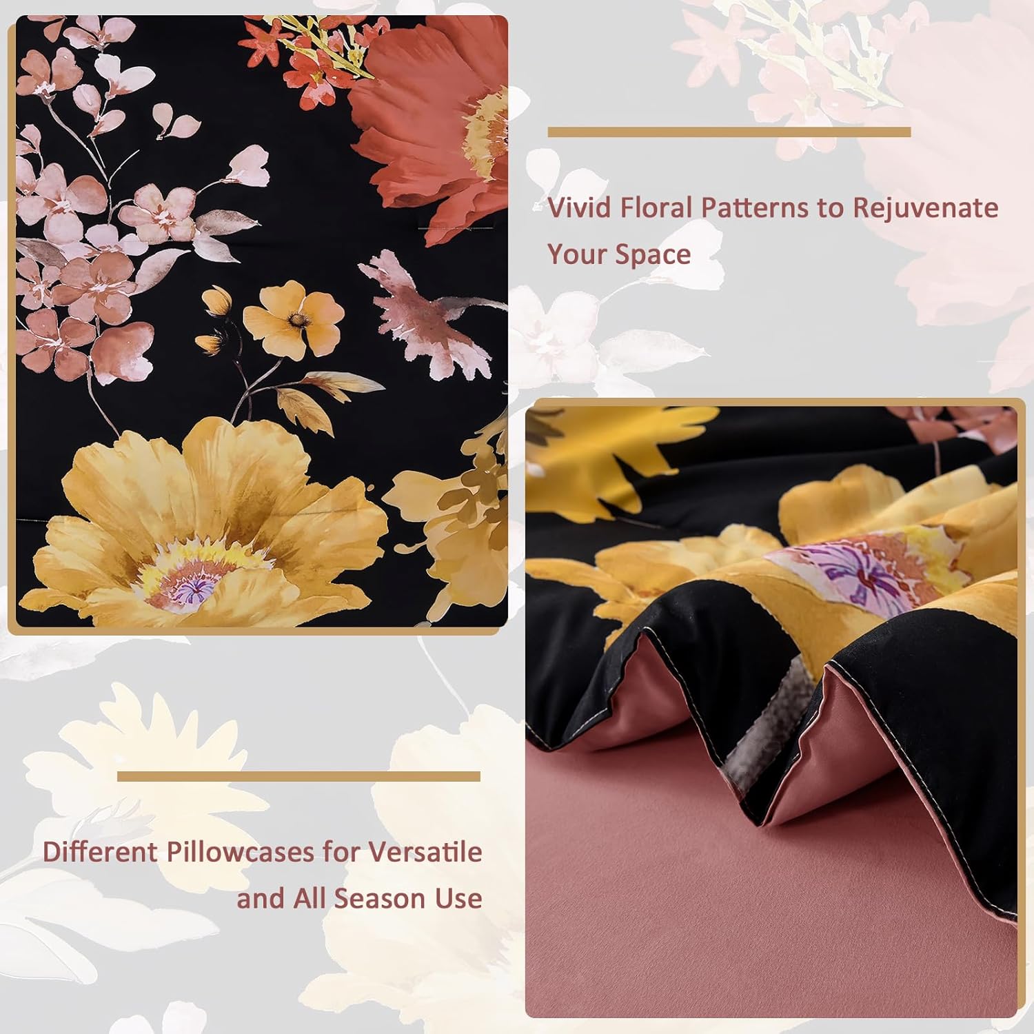 DJY Floral King Comforter Set - 7 Pieces Black & Blush Floral Bed in a Bag with Flower Leaves Pattern, Soft Microfiber Botanical Comforter and Sheet Set, All Season Bedding Set (104''x90'') - Image 4