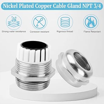 3/4 NPT Nickel-Plated Copper Waterproof Cable Gland - 4 Pack