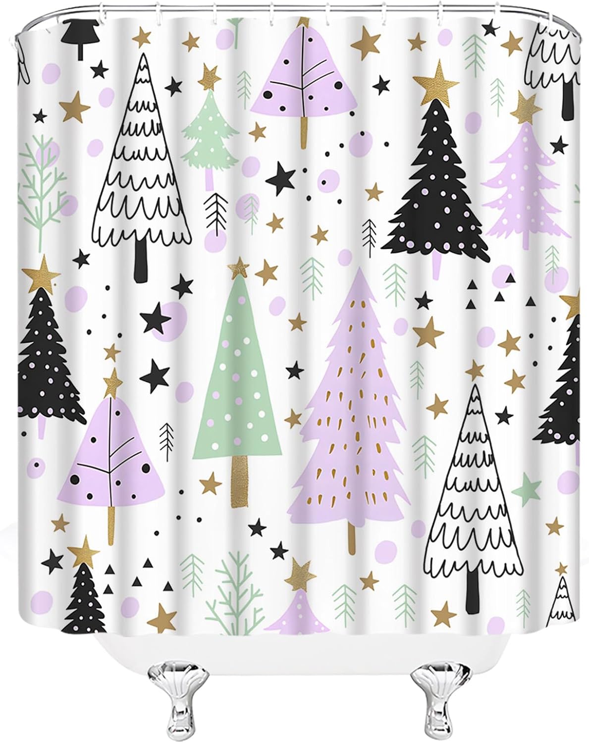 Christmas Extra Long Shower Curtain Xmas Tree Pine Forest Snowflake Star Winter Holiday Festival Purple Black Green Fabic with Hooks for Bathroom Decor,70x84 Inch