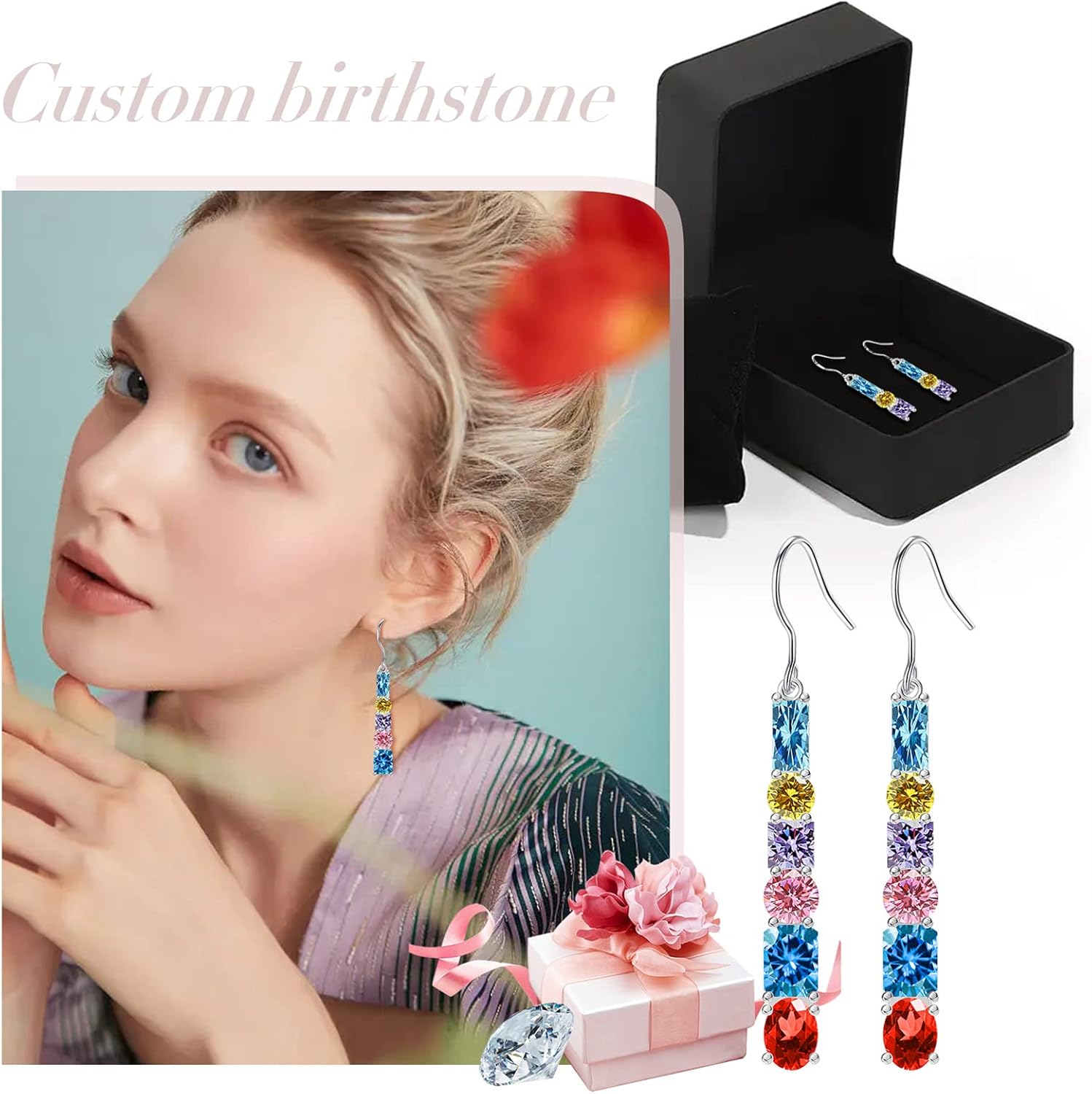 Personalized Birthstone Earrings For Mom 925 Sterling Silver Hook Earrings Grandma Birthstone Drop Earrings Jewelry Gift For Christmas Mothers Day Thanksgiving