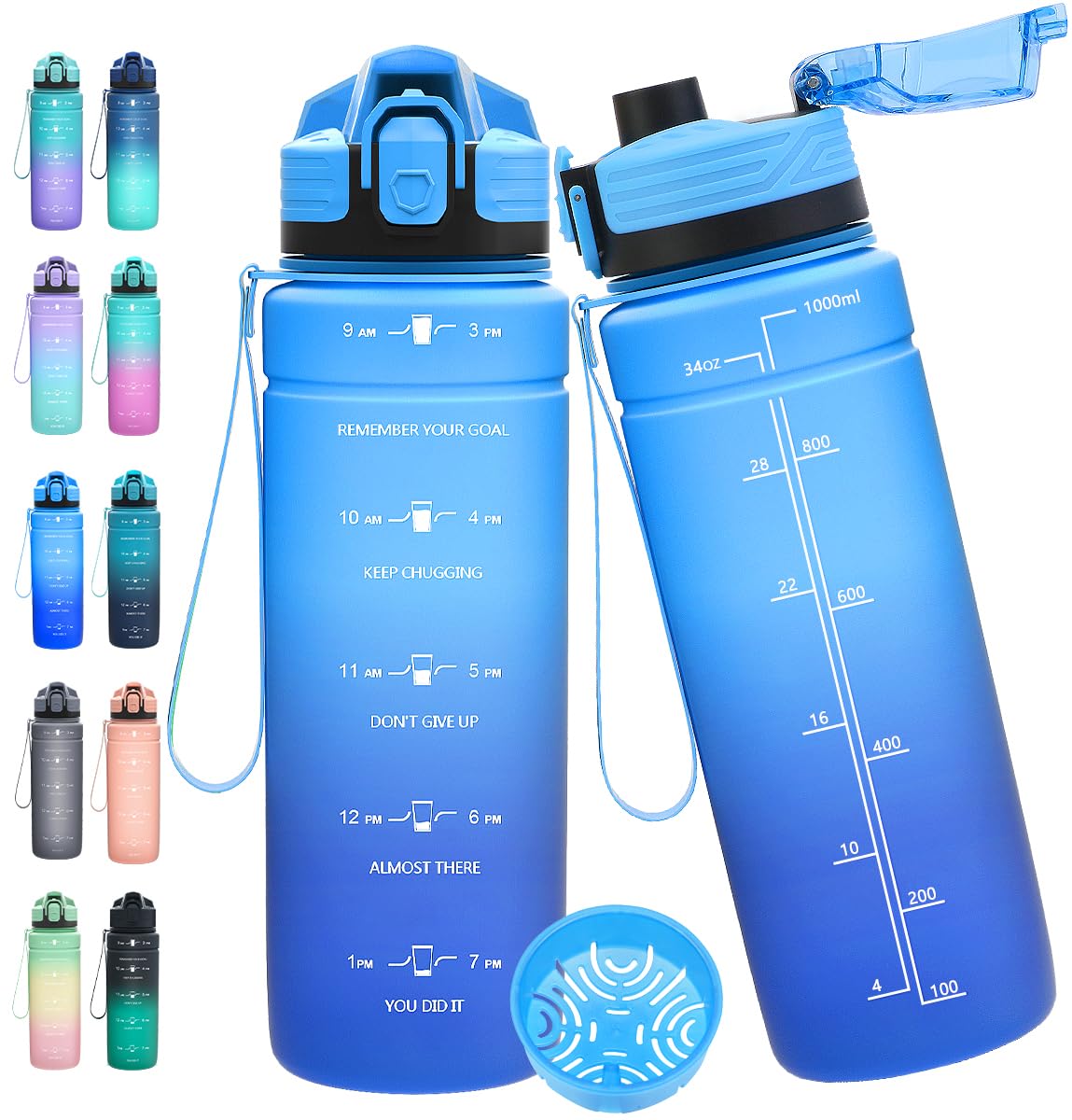 Expansea Trinkflasche 1L/500ml/ 700ml/1500ml Sportflasche, BPA-frei Tritan Trinkflasche Sport Auslaufsicher mit Zeitmarkierung - Wasserflasche für Fitness, Fahrrad, Outdoor, Yoga, Gym, Schule