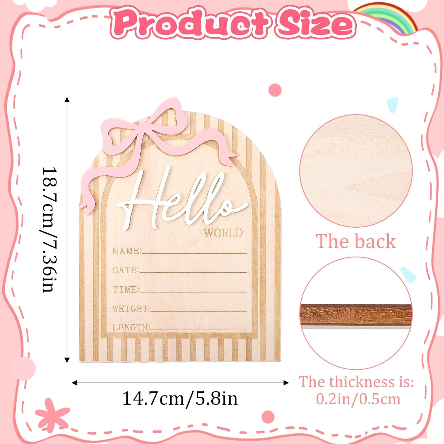 Hello World Newborn Sign, 5.7 x 7.3 Inch Wooden Baby Announcement Sign Pink Bow Birth Welcome Board for Newborn Boys Girls Photo Props Baby Shower Hospital Nursery