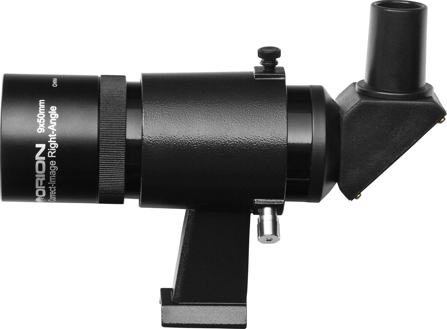 Strana view of the Orion 9x50 Right-Angle Correct-Image Finder, highlighting the mounting base and adjustment screws.