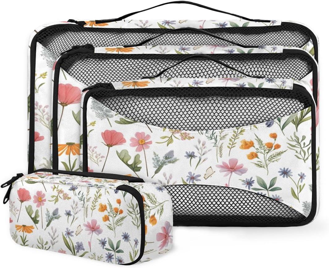 Leaves Wildflowers Pattern 4 Set Packing Cubes Packing Cubes for Women Lightweight Travel Essential Bag Clothes Carry on Suitcase Bags for Accessories Essentials