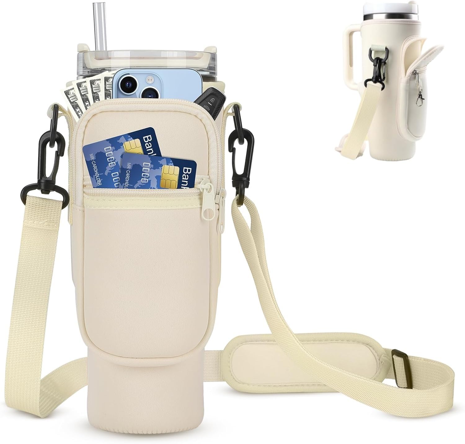 Difistik Water Bottle Carrier Bag for Stanley Cup, Holder With Strap & Phone Pocket, Pouch Fits 40 oz Tumbler, Accessories