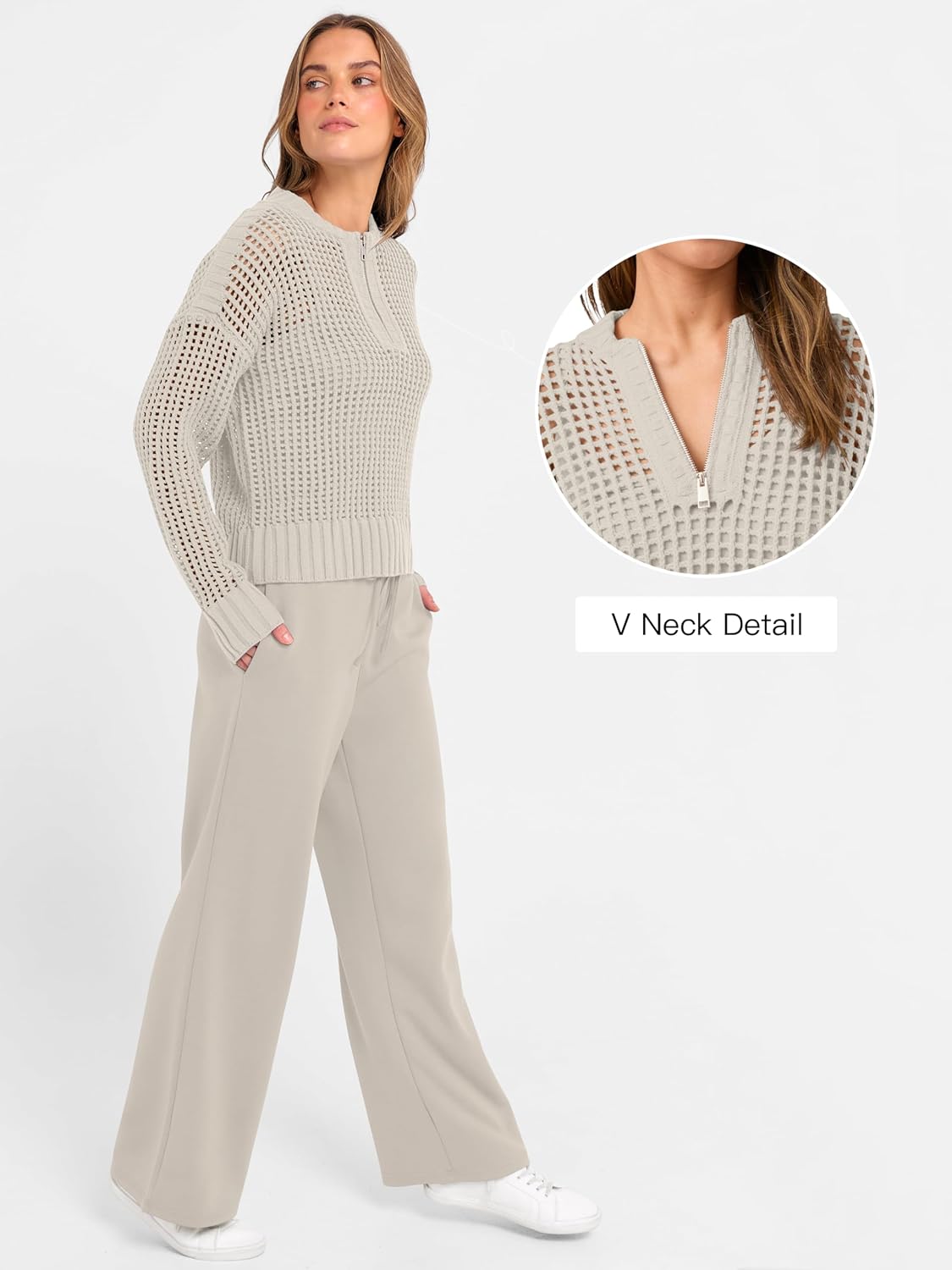 ANRABESS Womens 2 Piece Outfits 2026 Fall Crochet Knit Half Zip Sweater Top Wide Leg Pant Travel Matching Sets Lounge Clothes - Image 5