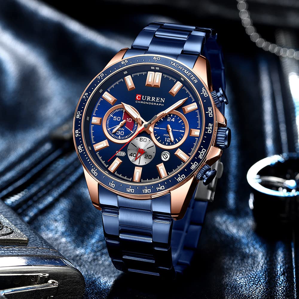 Orologio per gli Uomini Cronografo In Acciaio Inox Classico Modo Analogico Al Quarzo Grande Quadrante Casual Luminoso Orologi, Blu, L