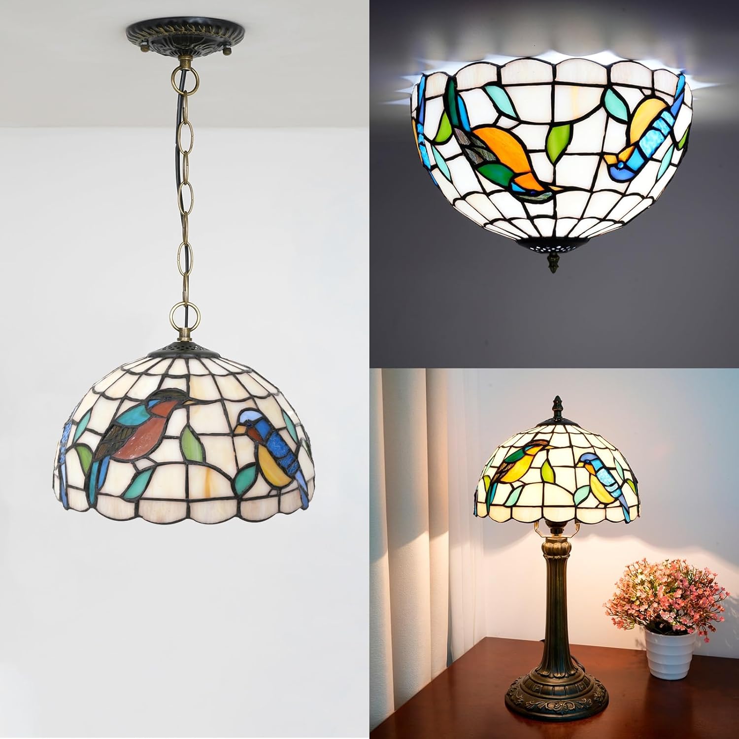 Tiffany Lamp Shade Replacement, 10 Inch Colourful Robin Stained Glass Vintage Handmade Cute Decor Ceiling Light Shade for Table Lamp Pendant Light