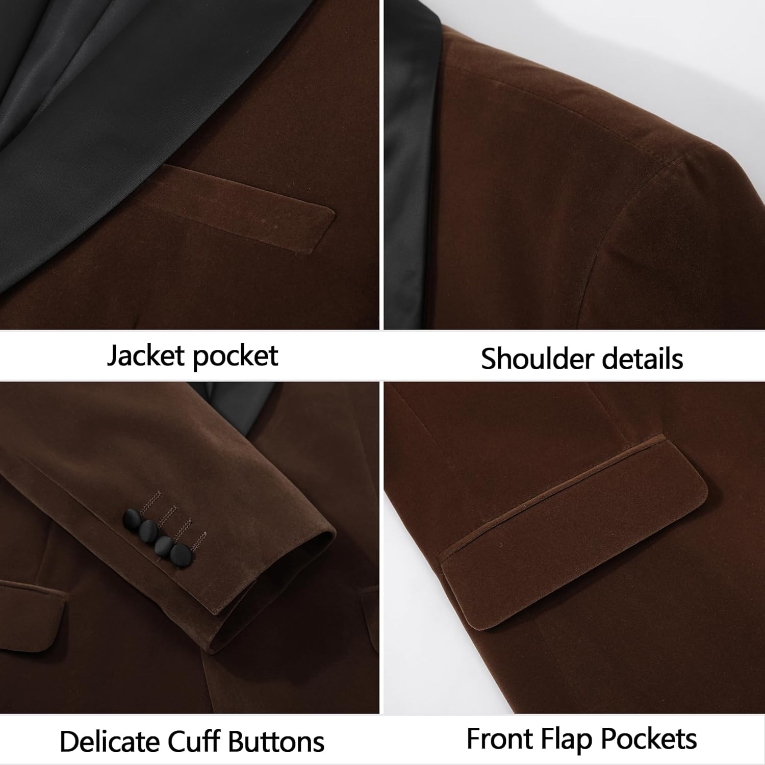 Beauty-Emily Men's Velvet Blazer Shawl Collar One Button Tuxedo Jacket for Prom Wedding Party Dinner Brown X-Small